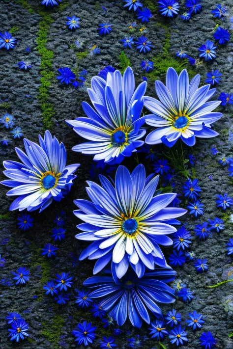 top view "uma obra-prima de alta qualidade, com detalhes hiperrealistas, top view  [1]flor azul em um fundo azul vibrante. the b...