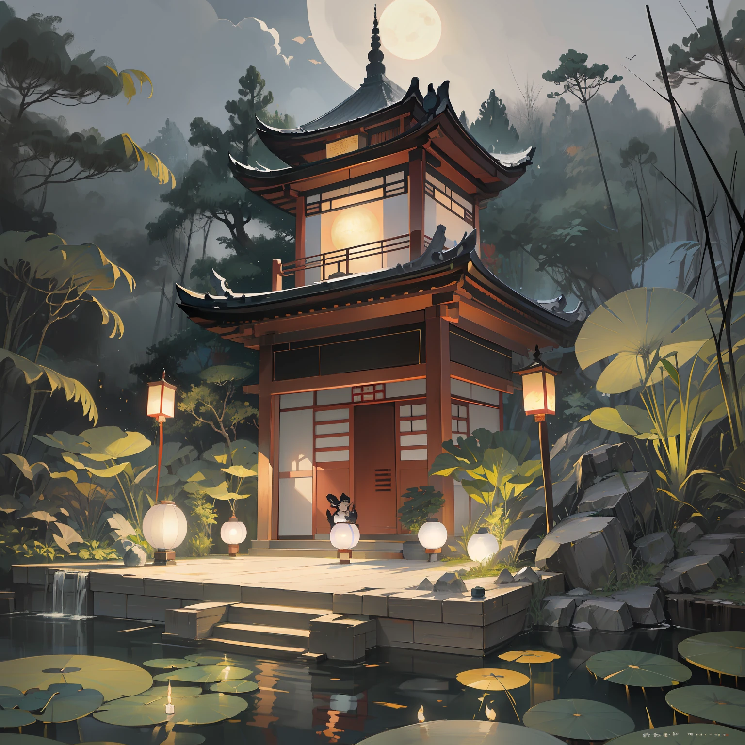 masterpiece,best quality,Chinese martial arts style,an asian night scene with lanterns and water lilies,asian pond with many lanterns and boatsa night scene with many lights and boats in the water, Lake surface, lotus flowers,beautiful night scene,(((Chinese martial arts style))), with vast sky, continuous mountains and steep cliffs, ink wash style, outline light, atmospheric atmosphere, depth of field, mist rising, bamboo, pine trees, octagonal stone pavilion, waterfall flowing water,big full moon,(No color) , Monochrome, light color,