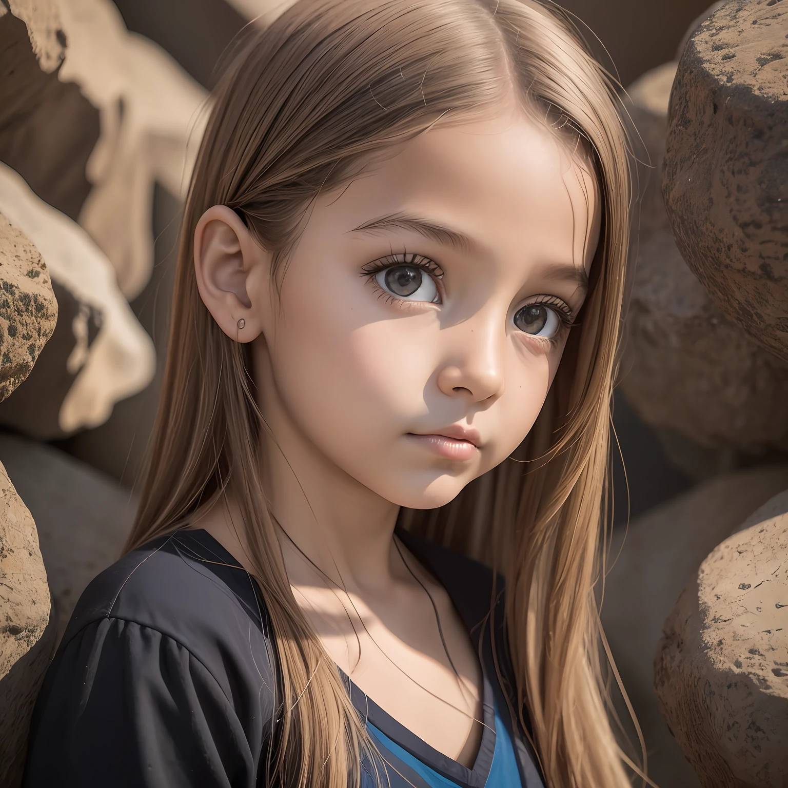 Cute photography, Face of a single 7-year-old girl, 精致的面容, brown shoulder length hair , pink and delicate skin, Eye Brown, realistic eye, realisic skin, expressive face, Grieving, lifelike lighting, totally sharp focus, 8k, high resolution, skin pore, Masterpiece artwork, rewarded photography, photorrealistic