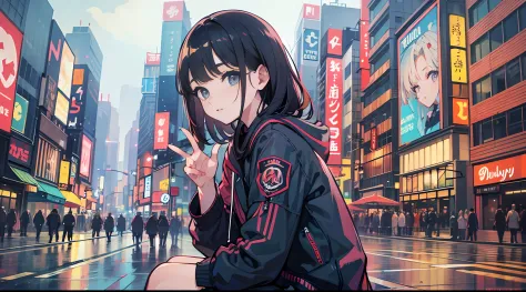 "A high school girl in grunge fashion, sitting on the street in Shibuya, in the style of a detailed illustration. The image should be of ultra-high quality. [::] The girl should be the main focus, with her grunge style clothing being prominently featured. ...