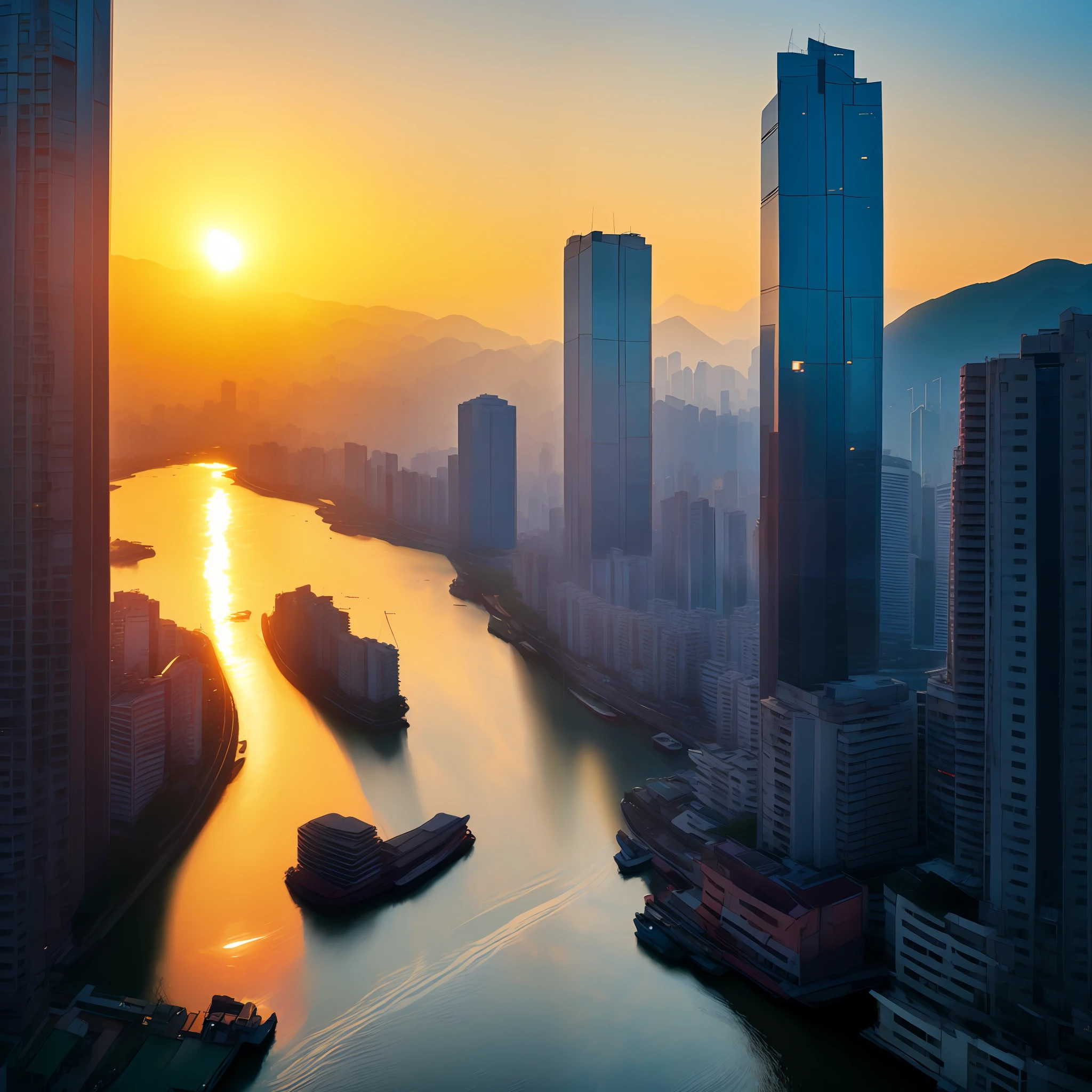 Foto, Die Sonne geht über einem Fluss in Hongkong unter (ModernCity-Stil:1)