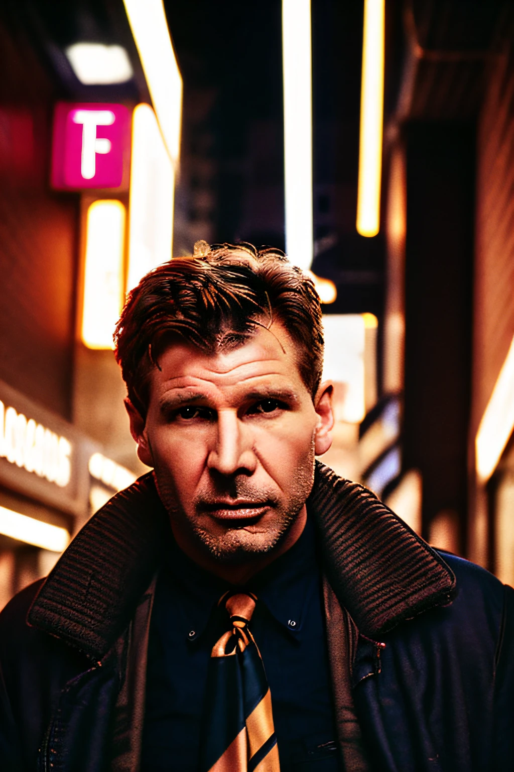 Highly detailed full body portrait of a man as Rick Deckard from Blade Runner with short hair style, wearing a long coat and neon tie, Detailed Face, (perfect detailed eyes), (highly detailed skin:1.1),  perfect Slim body, modelshoot style, Professional Photography, dramatic lighting, PHOTOREALISTIC, Realistic, dark night, rain, standing in a dystopian future city sidewalk background, Neon store sign lights, RAW, analog, sharp focus, 8k, high resolution, DSLR, high quality, Fujifilm XT3, film grain, award winning, masterpiece