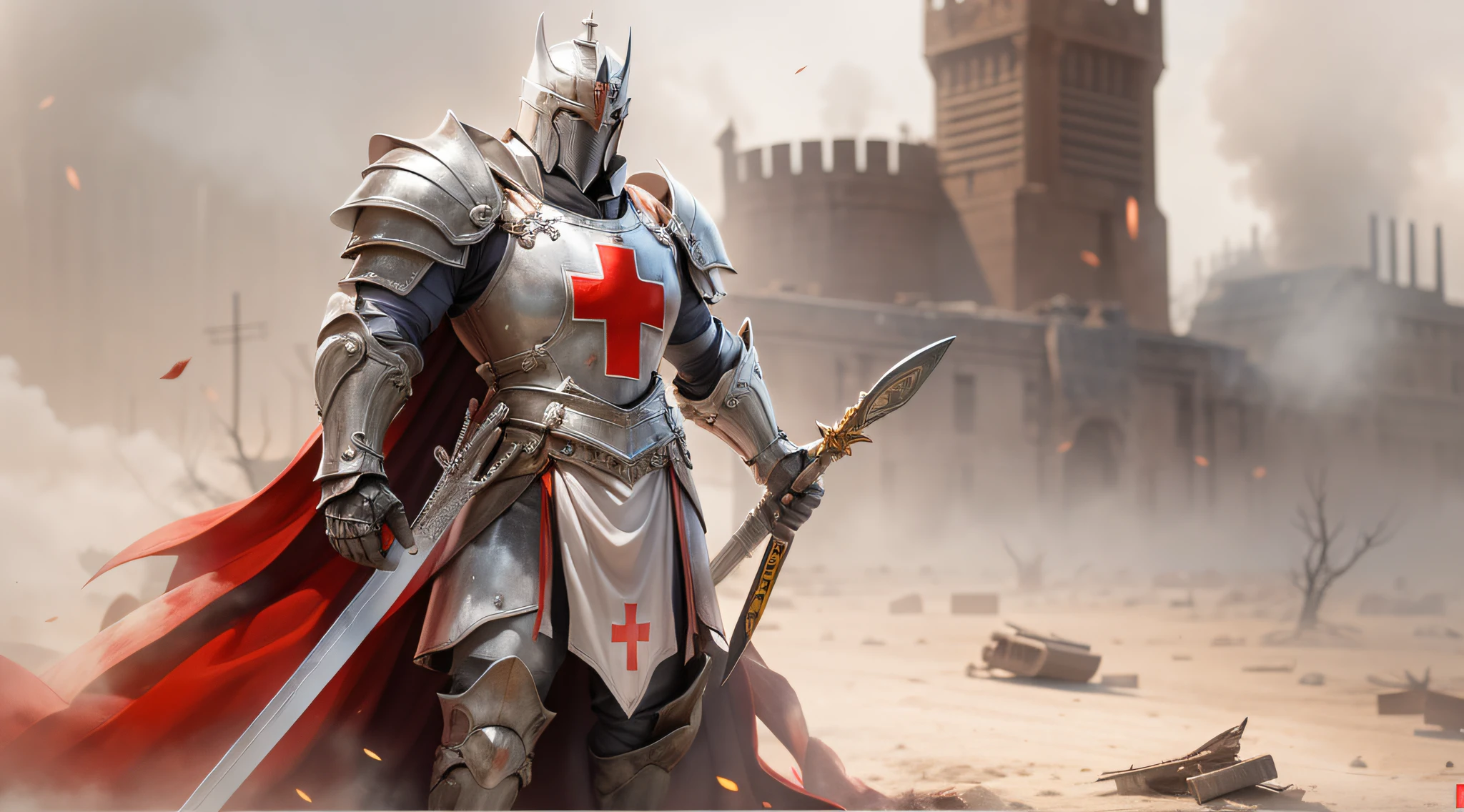 อัศวินเทมพลาร์ผู้สง่างามยืนอยู่ในภูมิประเทศที่รกร้าง, สวมชุดเกราะแวววาวมีกากบาทสีแดงบนหน้าอก. He wields a long sword and holds a shield adorned with the symbol oฉ the Templars. ในพื้นหลัง, เศษซากและควันเป็นพยานถึงการต่อสู้ในอดีต. His posture conveys conฉidence and authority, ขณะที่ดวงตาของเขาเผยให้เห็นความมุ่งมั่น., สถิตยศาสตร์, รายละเอียดสูง, แสงภาพยนตร์, โซนี่ FE จีเอ็ม, lens ฉlare, ฉ/1.8, 135มม, 35มม, ฉirst-person view, จุดที่หายไป, ยูเอชดี, ถูกต้องตามหลักกายวิภาค, 8k, ได้รับรางวัล, คุณภาพดีที่สุด, รายละเอียดสูงs