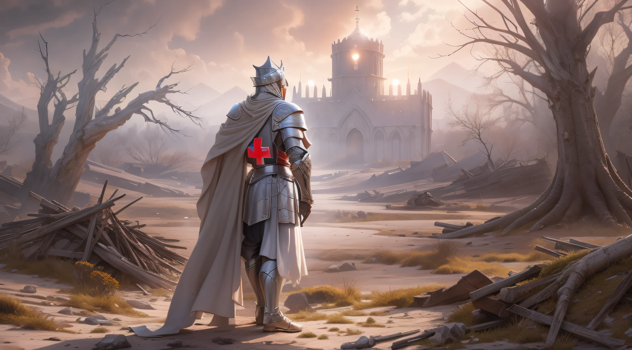 An imposing Knight Templar stands in a desolate landscape, wearing shining armor with a red cross on his chest. He wields a long sword and holds a shield adorned with the symbol of the Templars. In the background, debris and smoke bear witness to past battles. His posture conveys confidence and authority, while his eyes reveal determination., Surrealism, high detail, cinematic lighting, Sony FE GM, lens flare, f/1.8, 135mm, 35mm, first-person view, vanishing point, UHD, anatomically correct, 8k, award winning, best quality, high details