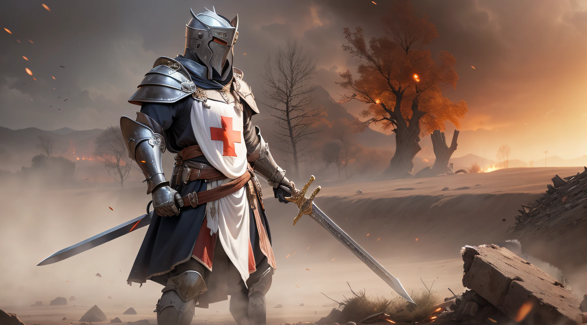 อัศวินเทมพลาร์ผู้สง่างามยืนอยู่ในภูมิประเทศที่รกร้าง, สวมชุดเกราะแวววาวมีกากบาทสีแดงบนหน้าอก. He wields a long sword and holds a shield adorned with the symbol oฉ the Templars. ในพื้นหลัง, เศษซากและควันเป็นพยานถึงการต่อสู้ในอดีต. His posture conveys conฉidence and authority, ขณะที่ดวงตาของเขาเผยให้เห็นความมุ่งมั่น., สถิตยศาสตร์, รายละเอียดสูง, แสงภาพยนตร์, โซนี่ FE จีเอ็ม, lens ฉlare, ฉ/1.8, 135มม, 35มม, ฉirst-person view, จุดที่หายไป, ยูเอชดี, ถูกต้องตามหลักกายวิภาค, 8k, ได้รับรางวัล, คุณภาพดีที่สุด, รายละเอียดสูงs