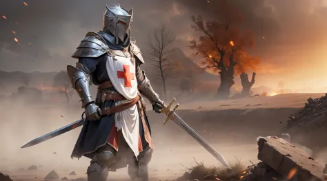 An imposing Knight Templar stands in a desolate landscape, wearing shining armor with a red cross on his chest. He wields a long...