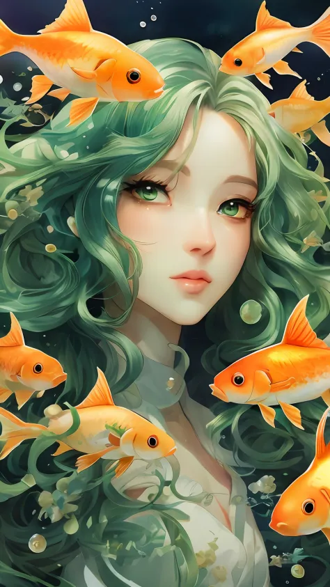 anime girl with green hair and goldfishs in the water, a beautiful artwork illustration, anime art wallpaper 4k, anime art wallp...