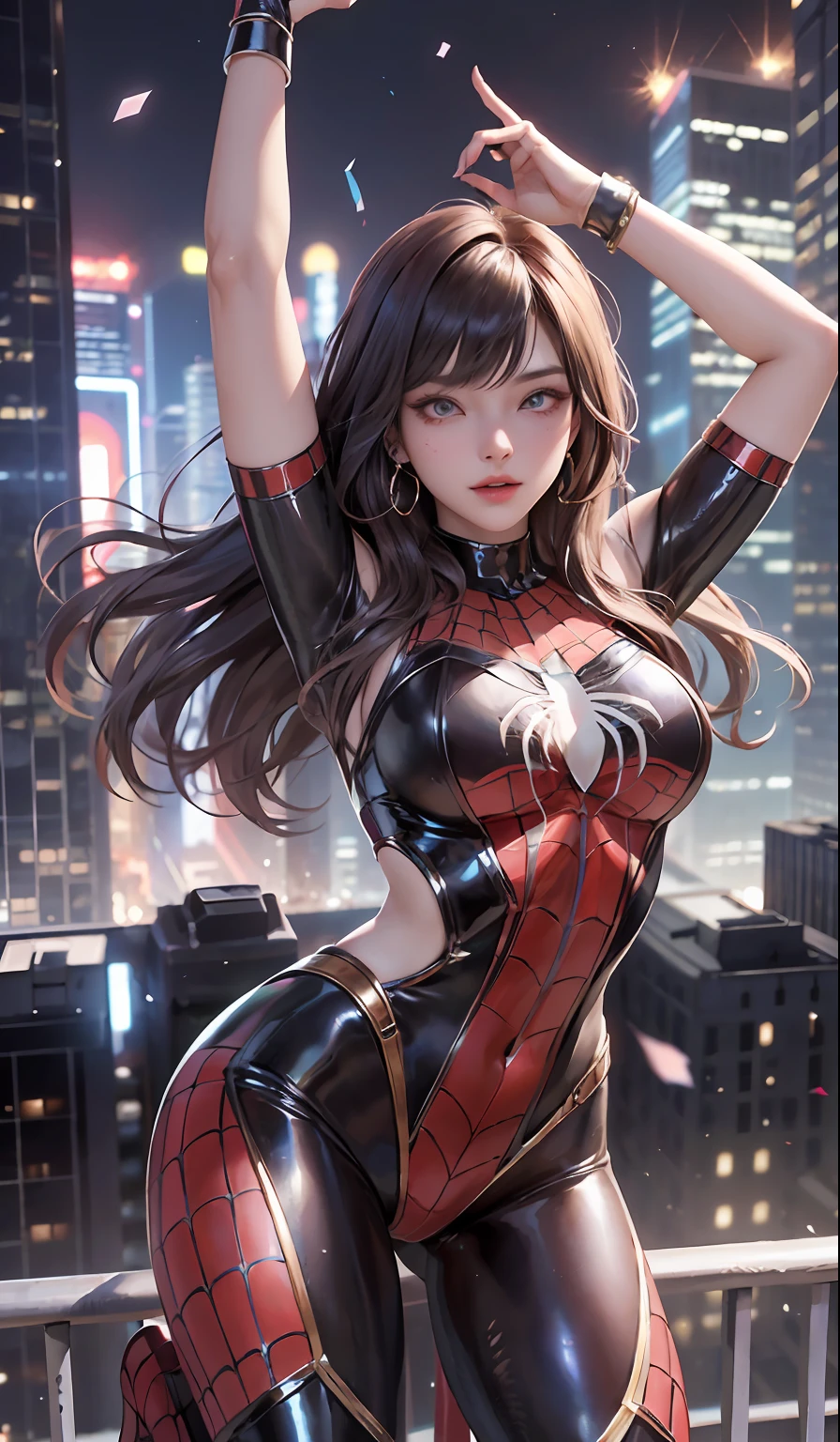 （chef-d&#39;œuvre，Résolution 4K，Ultra photo réaliste，Le est très détaillé），（Thème des super-héros chinois，glamour，il y a une fille au sommet de la ville，portant le costume de Spider-Man，texture métallique，seins surdimensionnés），（18 ans），（cheveux couleur brune：1.2），corps entieresbienne，（eYeux bleus：1.2），（Pose de Spider-Man），Montrer la puissance，Sauter d&#39;un bâtiment à un autre，（vue sur la ville，la nuit，phare dynamique plein）Gros seins