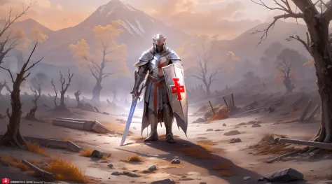 An imposing Knight Templar stands in a desolate landscape, wearing shining armor with a red cross on his chest. He wields a long...