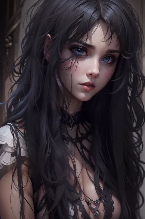 Uma elfa de cabelos pretos longos com franja com raiva, goth clothing, Arte de Fantasia, gothic art, alto detalhe, imagem de corpo inteiro