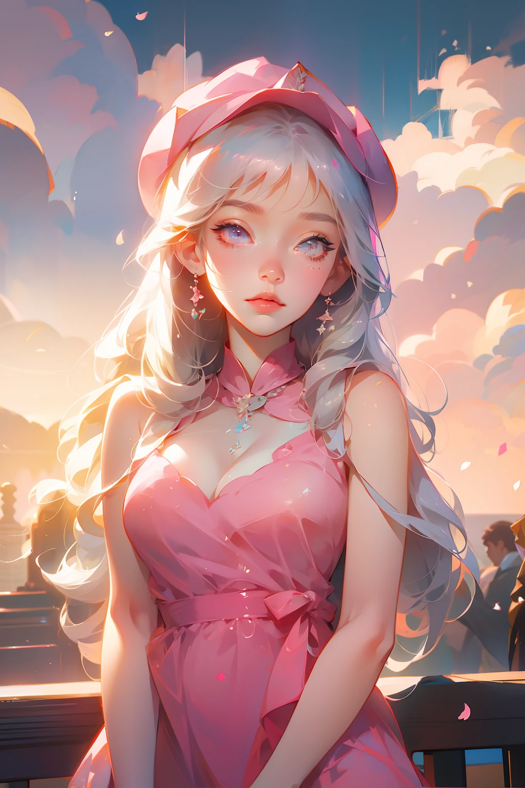 anime girl with pink hat and pink dress in front of a cloudy sky, anime style 4 k, beautiful anime portrait, fluffy pink anime clouds, detailed digital anime art, anime style portrait, detailed portrait of anime girl, artwork in the style of guweiz, anime art wallpaper 4 k, anime art wallpaper 4k, portrait anime girl, digital anime illustration