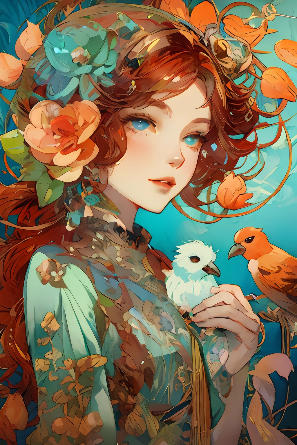 anime girl with bird and flowers in her hair, a beautiful artwork illustration, anime art nouveau, mucha style 4k, exquisite digital illustration, beautiful digital illustration, beautiful art uhd 4 k, gorgeous digital art, anime fantasy illustration, beautiful gorgeous digital art, beautiful digital artwork, very beautiful digital art, beautiful digital art, cute detailed digital art, korean art nouveau anime