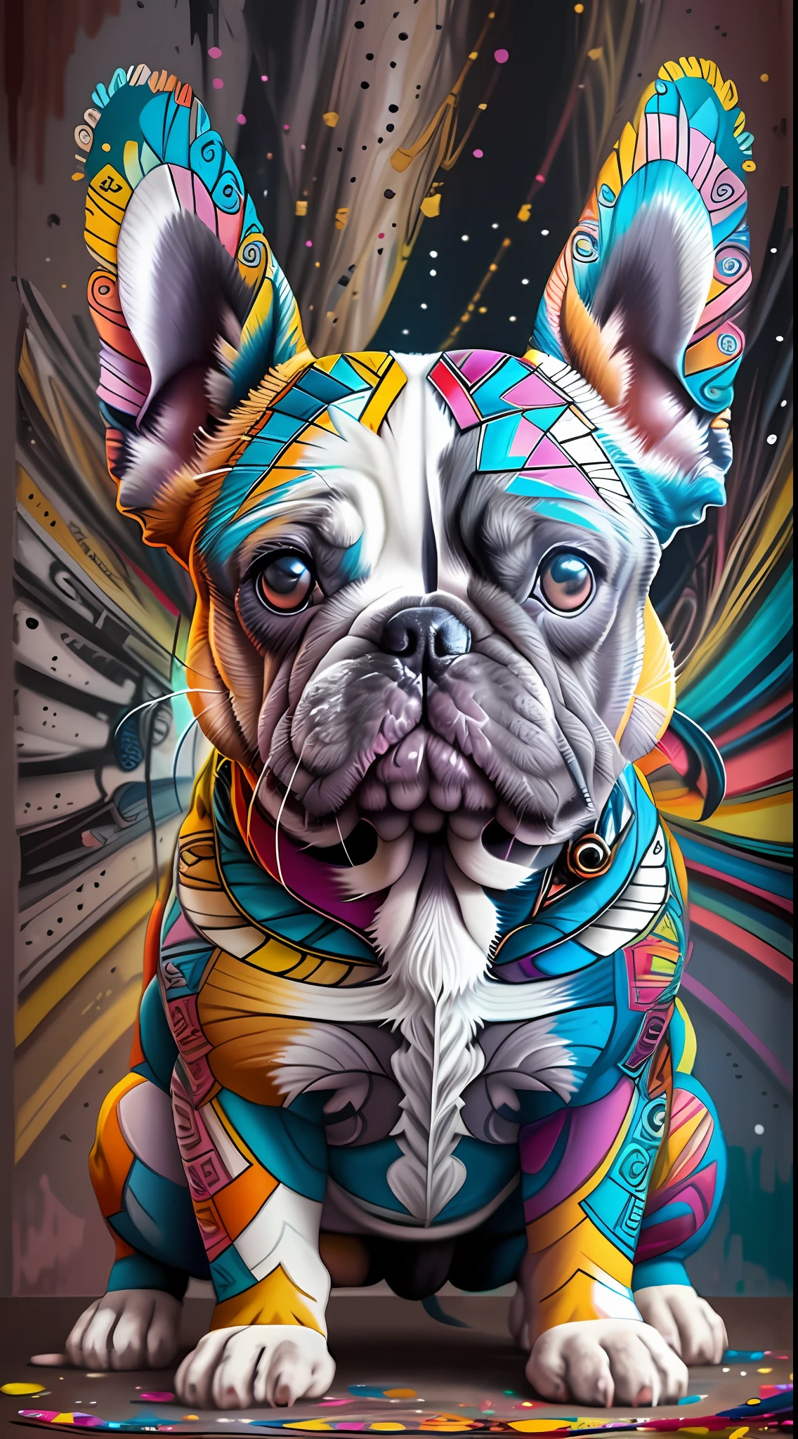 (Französische Bulldogge  ),(beste Pose),(bester Winkel), (besserer Ausdruck), Eduardo Kobra beim Quilten ,mehrdimensionale geometrische Wand PORTRAIT, arte, chibi,
Yang08k, Schön, Färbung,
Primäre Werke, Bessere Qualität, Bessere Qualität, offizielle Kunst, schön und ästhetisch, bunte Haare,