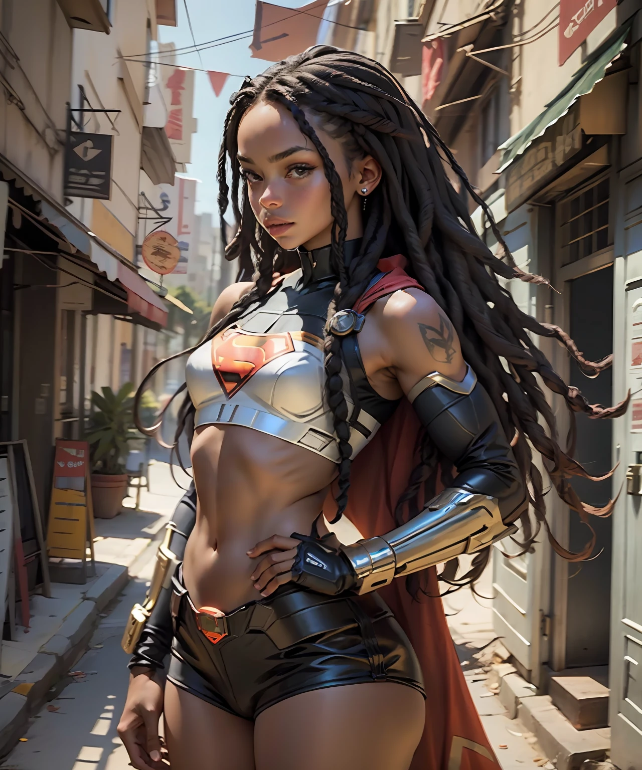 Mulher negra bonita com longos cabelos de pavor identificado corpo com seios pequenos, usa cosplay da Supergirl,dedos detalhados,lindas mãos,