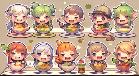 realistic hand drawn style with cute elf characters、everyone is eating a big parfait for the party