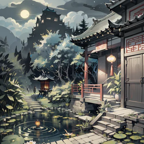 masterpiece,best quality,Chinese martial arts style,an asian night scene with lanterns and water lilies,asian pond with many lan...