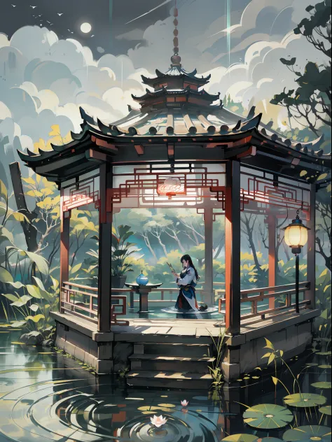 masterpiece,best quality,Chinese martial arts style,an asian night scene with lanterns and water lilies,asian pond with many lan...