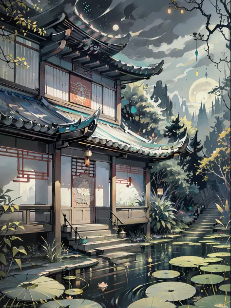 masterpiece,best quality,Chinese martial arts style,an asian night scene with lanterns and water lilies,asian pond with many lanterns and boatsa night scene with many lights and boats in the water, Lake surface, lotus flowers,beautiful night scene,(((Chine...