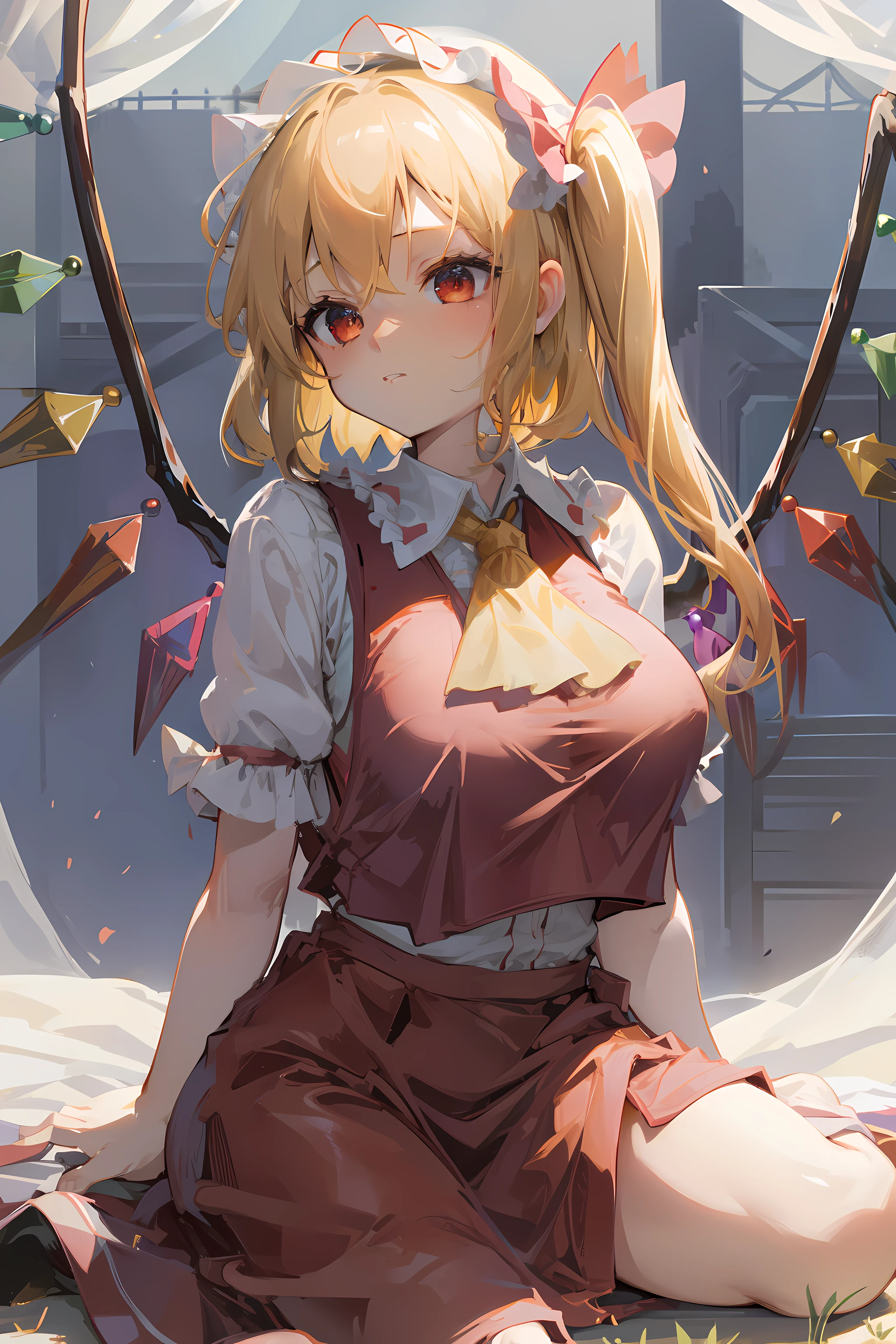 (masterpiece),best quality, expressive eyes, perfect face, 1girl,
big breast, H-cup, good breast, beautiful, gorgeous,anime,girl,lora, floating clothes, tent chest ,
 nipple visible  though clothes,flandre scarlet,
1girl,blonde hair,mob cap,hair bow,bowtie,side ponytail,wings,short sleeves,vest,ascot,1wings,1 pair of wings,W sitting, w sitting on ground, legs on ground, grabbing on boob,hand on chest,sbg,
Chest grab,
Chest lift,