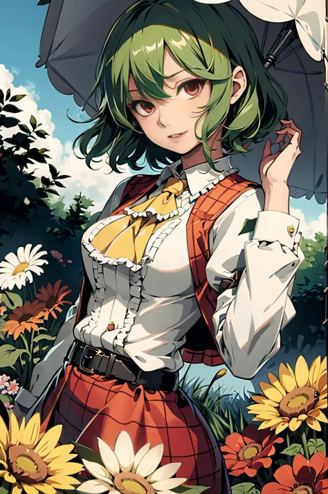 masterpiece, best quality, 1girl,green hair,ascot, kazami yuuka, umbrella,hair flower, flower