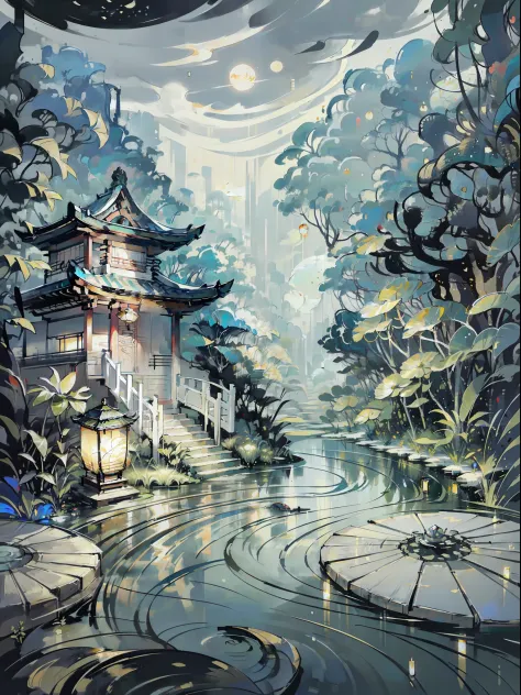 masterpiece,best quality,Chinese martial arts style,an asian night scene with lanterns and water lilies,asian pond with many lanterns and boatsa night scene with many lights and boats in the water, Lake surface, lotus flowers,beautiful night scene,(((Chine...