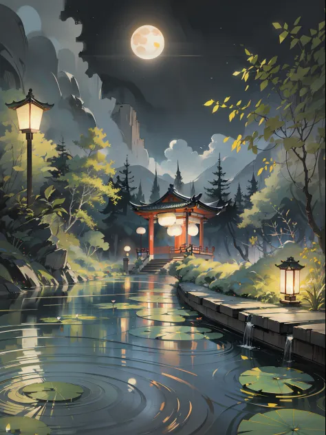 masterpiece,best quality,Chinese martial arts style,an asian night scene with lanterns and water lilies,asian pond with many lan...