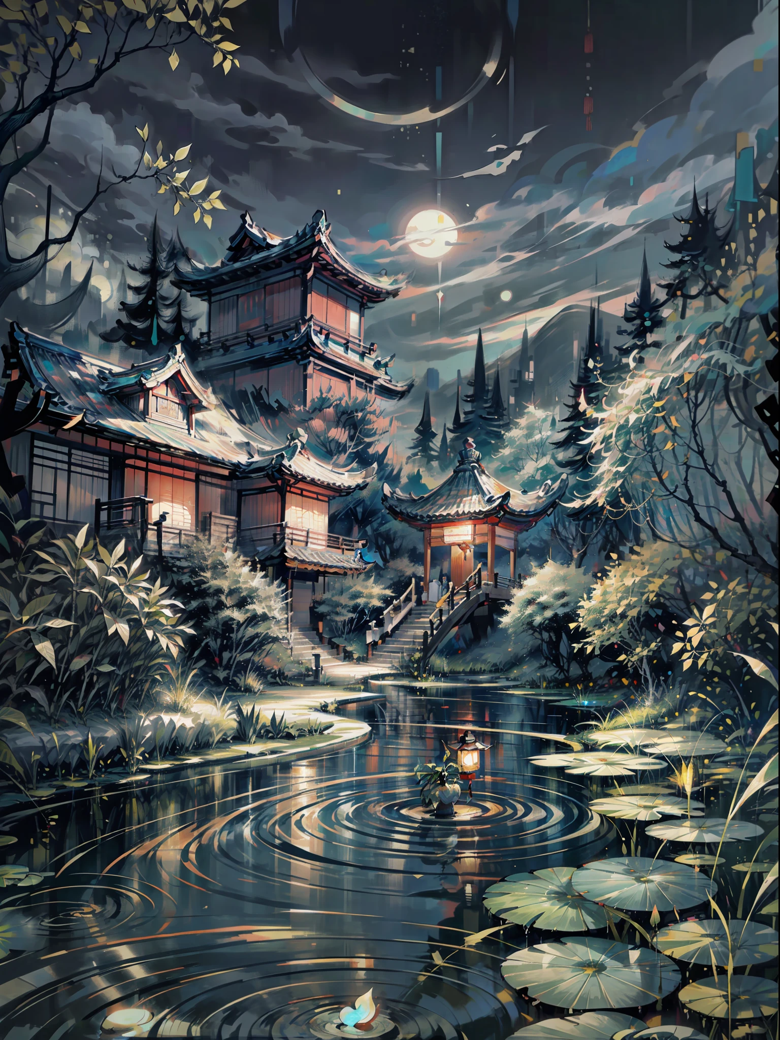 masterpiece,best quality,Chinese martial arts style,an asian night scene with lanterns and water lilies,asian pond with many lanterns and boatsa night scene with many lights and boats in the water, Lake surface, lotus flowers,beautiful night scene,(((Chinese martial arts style))), with vast sky, continuous mountains and steep cliffs, ink wash style, outline light, atmospheric atmosphere, depth of field, mist rising, bamboo, pine trees, octagonal stone pavilion, waterfall flowing water,big full moon,(No color) , Monochrome, light color,