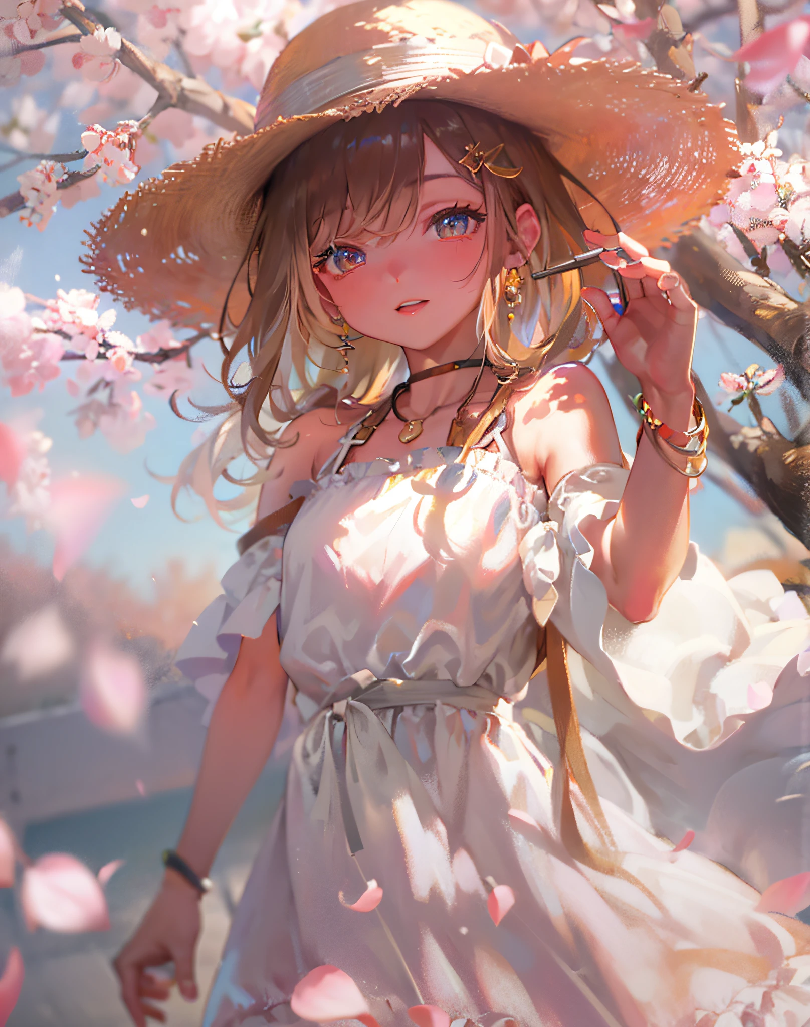 {{masterpiece}}, best quality, cinematic lighting, lens flare, medium breasts, beautiful detail eyes, white summer dress, necklace, straw hat, sunset, sakura, Cherry tree, petals,