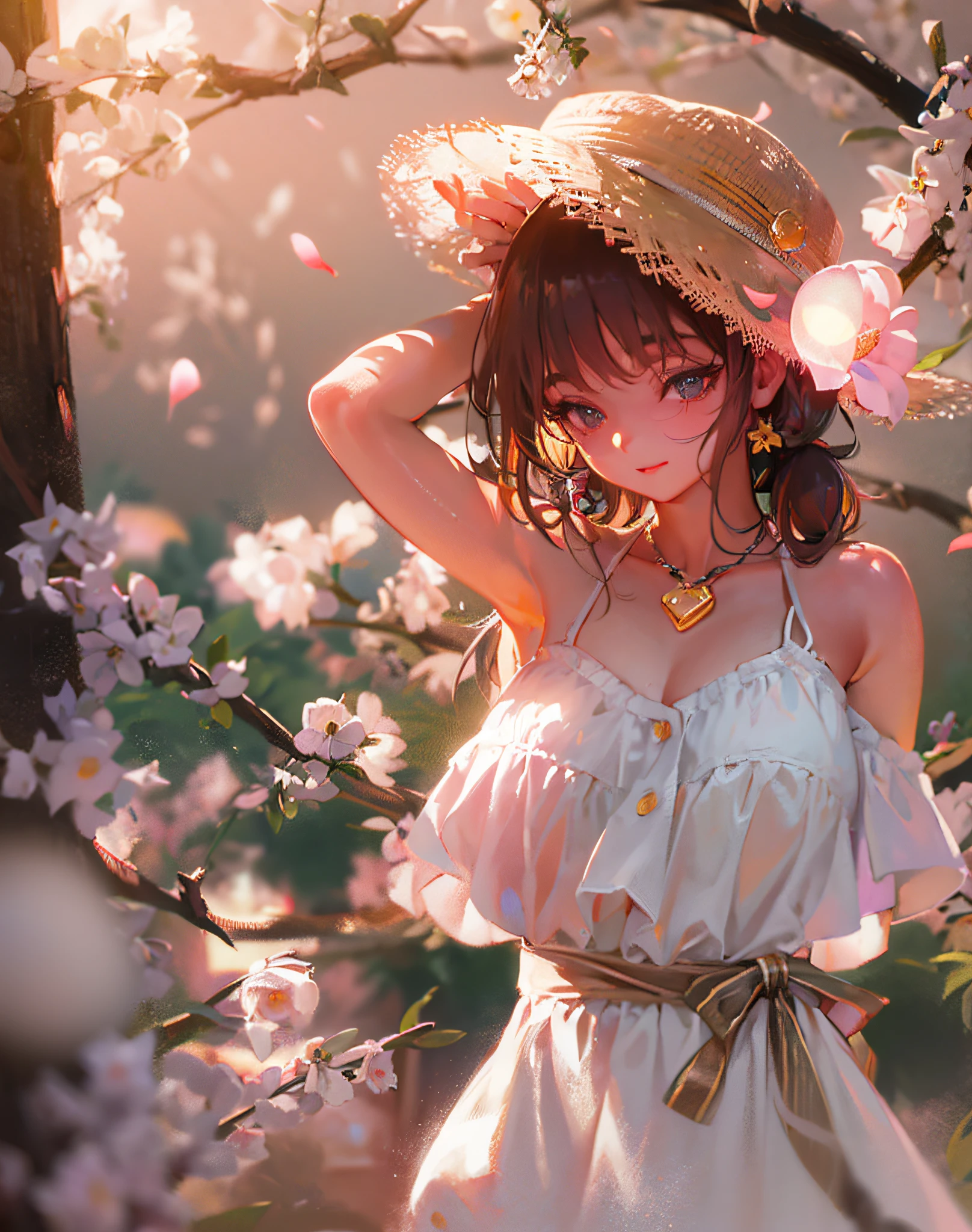 {{masterpiece}}, best quality, cinematic lighting, lens flare, medium breasts, beautiful detail eyes, white summer dress, necklace, straw hat, sunset, sakura, Cherry tree, petals,