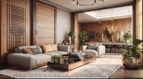 (masterpiece),(high quality), best quality, real,(realistic), super detailed, Step into this modern living room design and be greeted by a seamless blend of sleek lines and organic textures. The walls are painted in a cool, pale gray, providing a serene ba...