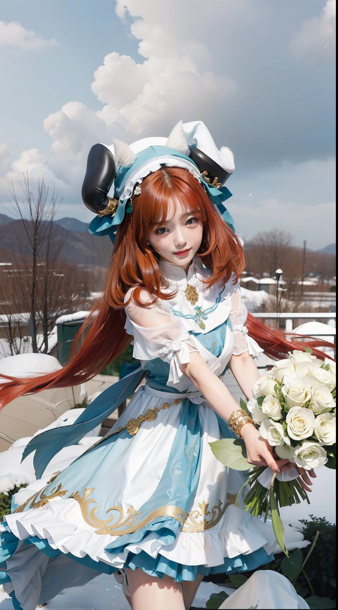 Best quality at best，超高分辨率，（真实感：1.4），（beuaty girl：1.4），Detailed facial details，Beautiful detailed eyes，light-red hair，Light green eyes，Slim，Black horns，Wearing a white and blue wedding dress，White maid hat，haunting smile，Behind it is a white rose，Very meticulous clothes，Young and cute Korean face，nilou（the original god），plain face