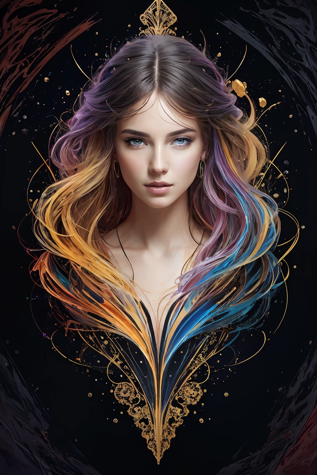 Colorful beautiful girl: a giru 28-years old, messy hair, oil painting, nice perfect face with soft skinice perfect face, blue yellow colors, light purple and violet additions, light red additions, intricate detail, splash screen, 8k resolution, masterpiece, cute face,artstation digital painting smooth veryBlack ink flow: 8k resolution photorealistic masterpiece: intricately detailed fluid gouache painting: by Jean Baptiste Mongue: calligraphy: acrylic: watercolor art, professional photography, natural lighting, volumetric lighting maximalist photoillustration: by marton bobzert:, complex, elegant, expansive, fantastical, wavy hair, vibrant, Best quality details, realistic, High definition, High quality texture, epic lighting, Cinematic film still, 8k, soft lighting, anime style, masterful playing card border, random Colorful art, oil painting, blue yellow colors, light purple and violet additions, light red additions, intricate detail, splash screen, 8k resolution, masterpiece, artstation digital painting smooth veryBlack ink flow: 8k resolution photorealistic masterpiece: intricately detailed fluid gouache painting: by Jean Baptiste Mongue: calligraphy: acrylic: watercolor art, professional photography, natural lighting, volumetric lighting maximalist photoillustration: by marton bobzert:, complex, elegant, expansive, fantastical, vibrant