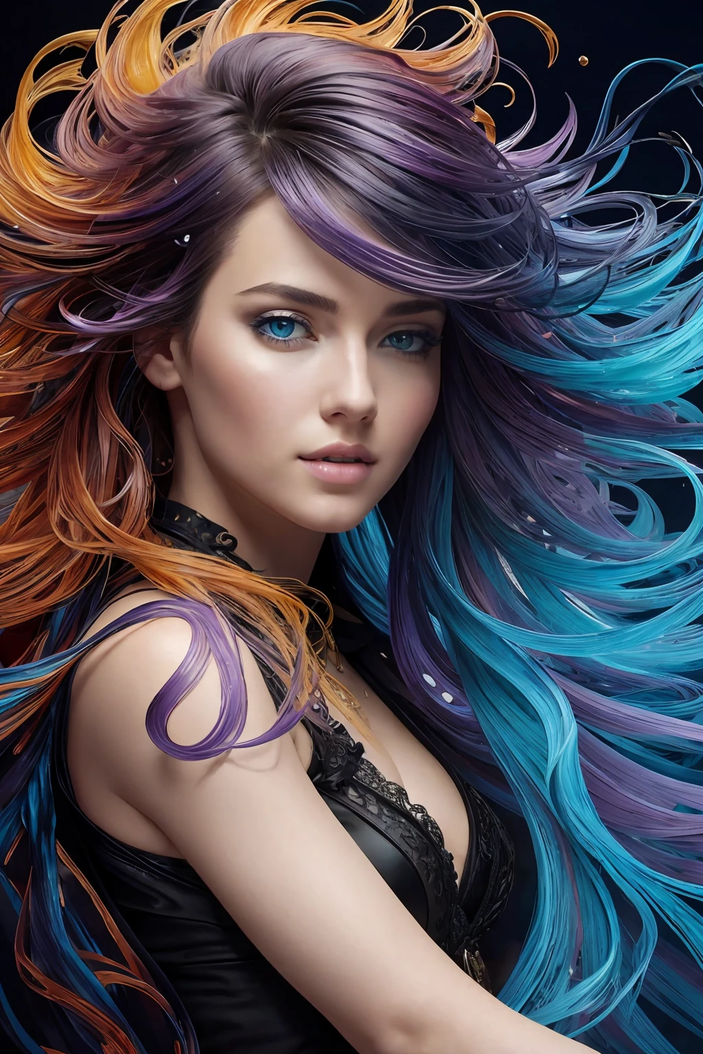 Colorful beautiful girl: a giru 28-years old, messy hair, oil painting, nice perfect face with soft skinice perfect face, blue yellow colors, light purple and violet additions, light red additions, intricate detail, splash screen, 8k resolution, masterpiece, cute face,artstation digital painting smooth veryBlack ink flow: 8k resolution photorealistic masterpiece: intricately detailed fluid gouache painting: by Jean Baptiste Mongue: calligraphy: acrylic: watercolor art, professional photography, natural lighting, volumetric lighting maximalist photoillustration: by marton bobzert:, complex, elegant, expansive, fantastical, wavy hair, vibrant, Best quality details, realistic, High definition, High quality texture, epic lighting, Cinematic film still, 8k, soft lighting, anime style, masterful playing card border, random Colorful art, oil painting, blue yellow colors, light purple and violet additions, light red additions, intricate detail, splash screen, 8k resolution, masterpiece, artstation digital painting smooth veryBlack ink flow: 8k resolution photorealistic masterpiece: intricately detailed fluid gouache painting: by Jean Baptiste Mongue: calligraphy: acrylic: watercolor art, professional photography, natural lighting, volumetric lighting maximalist photoillustration: by marton bobzert:, complex, elegant, expansive, fantastical, vibrant