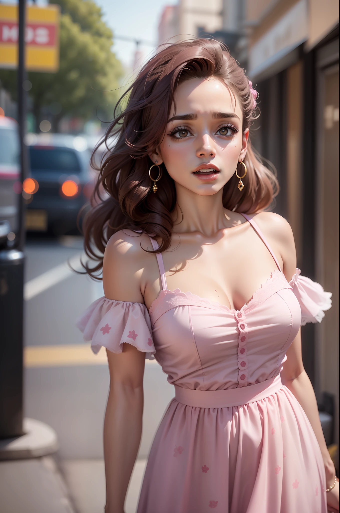 Um close de uma mulher com um vestido rosa em uma rua da cidade - SeaArt AI