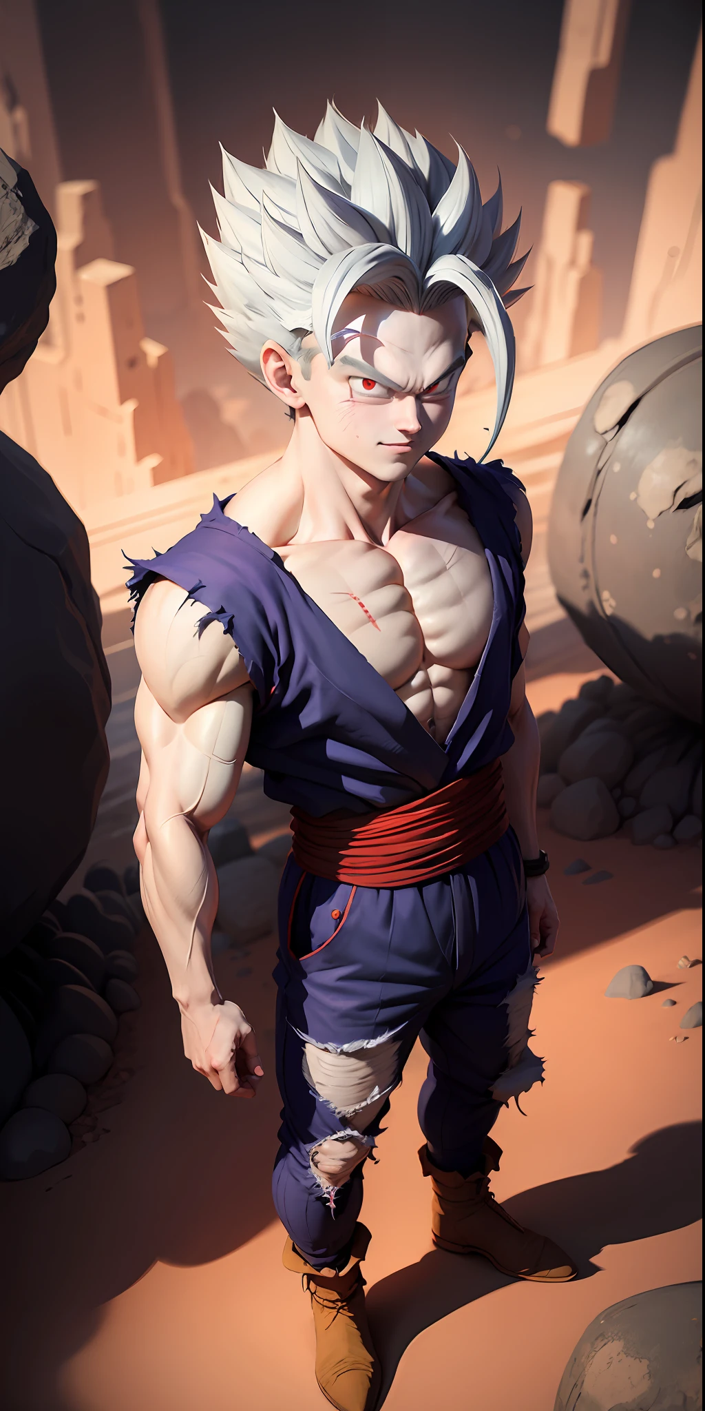 Obra maestra, mejor calidad, ultra detallado, Gohan adulto 1 niño, solo, cuerpo completo, sonrisa maligna, Pelo gris, pelo de punta, ojos rojos, dougii, cuerpo completo, mirando al espectador, enfoque masculino, tierra \(planeta\), planeta, espacio, suelo agrietado y rocas levantándose, escombros subiendo,