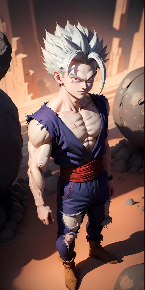 masterpiece, best quality, ultra-detailed, Adult Gohan 1boy, solo, Full body, evil smile, grey hair, spiked hair, red eyes, doug...