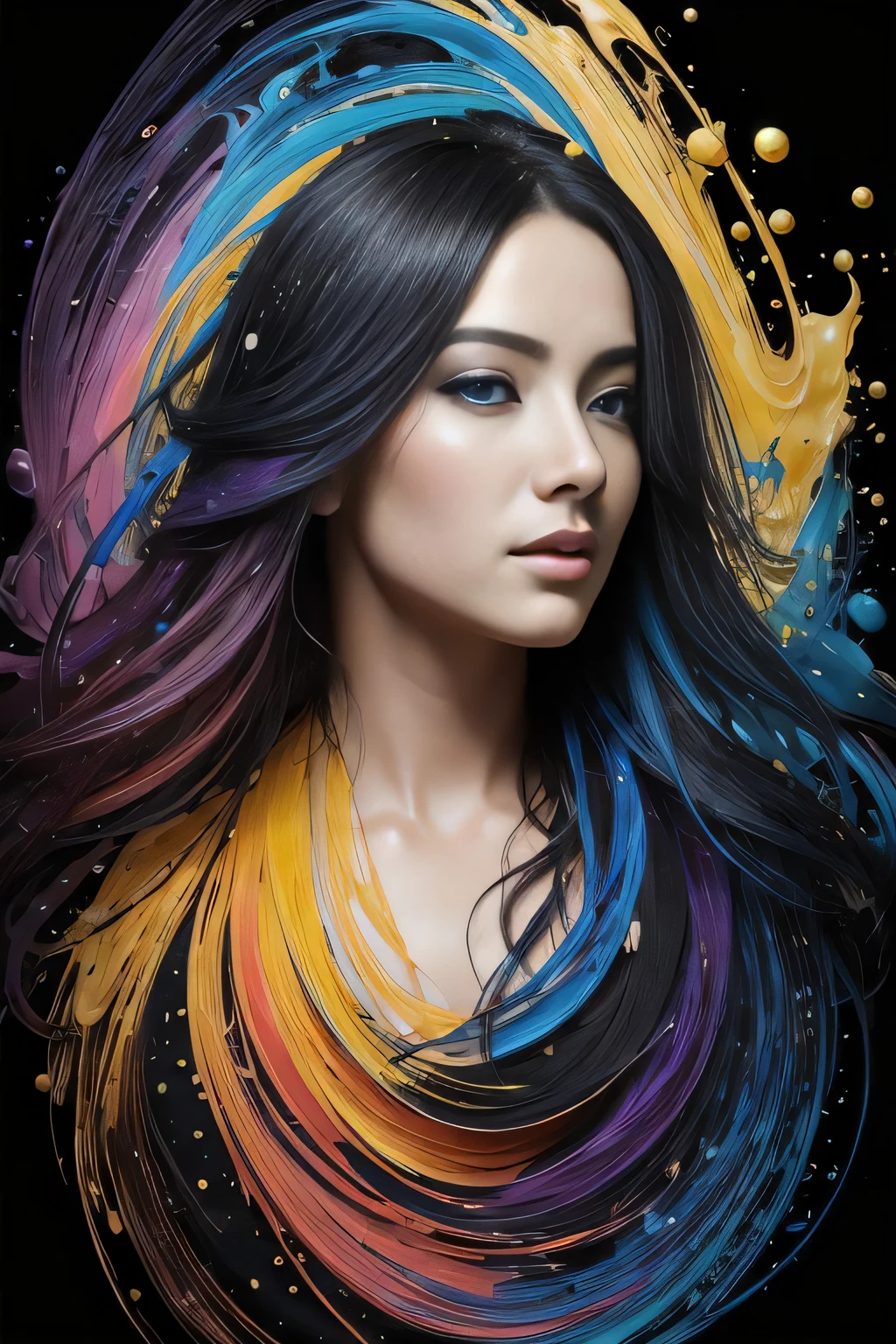 Linda garota colorida: uma garota de 28 anos, cabelo bagunçado, Pintura a óleo, lindo rosto perfeito com pele macia, rosto perfeito, cores azuis amarelas, adições roxas e violetas claras, adições vermelhas claras, detalhe intrincado, tela de abertura, 8K resolution, Obra de arte, rosto fofo,pintura digital artstation suave muitofluxo de tinta preta: 8K resolution photorealista Obra de arte: pintura em guache fluida detalhadamente detalhada: por João Batista Mongue: caligrafia: acrílico: arte em aquarela, Fotografia profissional, iluminação natural, iluminação volumétrica fotoilustração maximalista: por Marton Bobzert:, complex, elegante, expansivo, fantástico,  cabelo ondulado, vibrante, Detalhes da melhor qualidade, realista, alta definição, textura de alta qualidade, iluminação épica, filme cinematográfico ainda, 8K, iluminação suave, estilo anime, borda magistral de cartas de baralho, arte colorida aleatória, Pintura a óleo, cores azuis amarelas, adições roxas e violetas claras, adições vermelhas claras, detalhe intrincado, tela de abertura, 8K resolution, Obra de arte, pintura digital artstation suave muitofluxo de tinta preta: 8K resolution photorealista Obra de arte: pintura em guache fluida detalhadamente detalhada: por João Batista Mongue: caligrafia: acrílico: arte em aquarela, Fotografia profissional, iluminação natural, iluminação volumétrica fotoilustração maximalista: por Marton Bobzert:, complex, elegante, expansivo, fantástico, vibrante