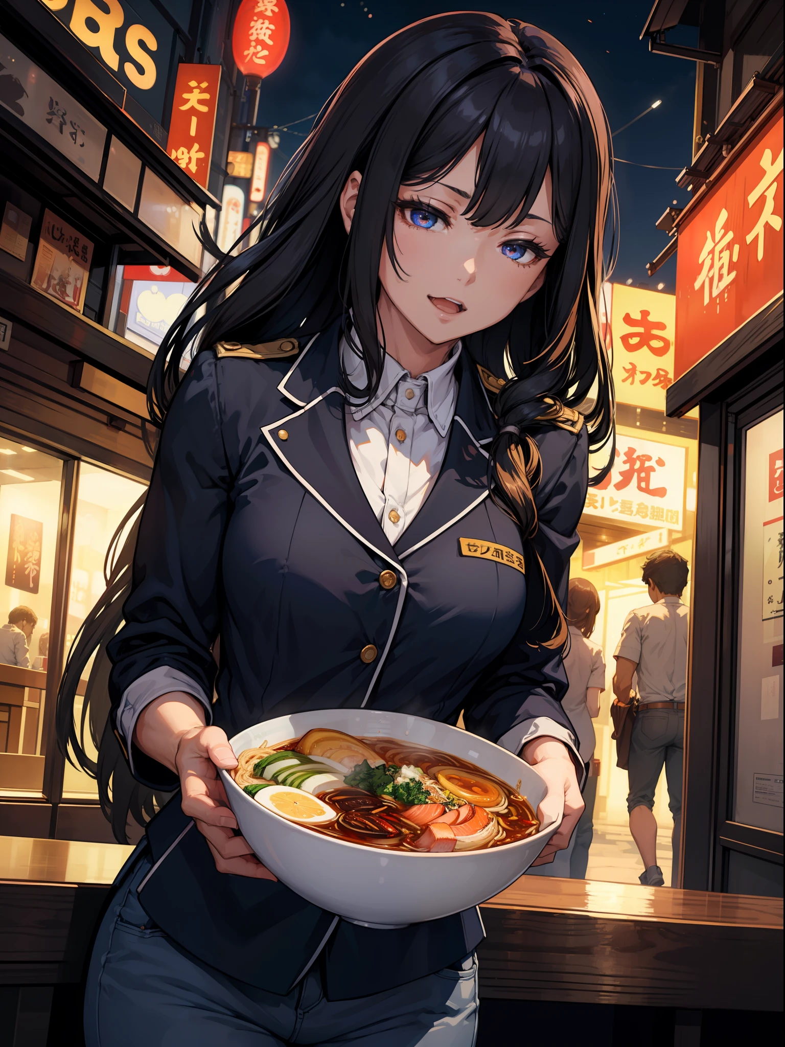 (Masterpiece), Top Quality, Ultra High Definition, Close Up, Slim Body, One Girl,Uniform, Long Hair, Laughter, Ramen, Night, Tokyo Restaurant Background, Colorful Lights, Photon Mapping, Radiosity, Physically Based Rendering, Cinematic Lighting, Complexity, High Detail, Sharp Focus, Dramatic, Photorealistic