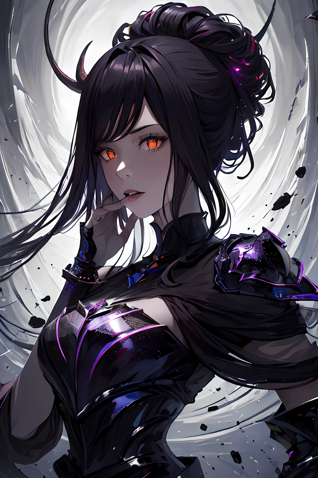(masterpiece, top quality, best quality, official art, beautiful and aesthetic:1.2), cateyes,1girl, solo, armour, magic, light particles, upper body, extreme detailed, highest detailed, optical mixing, playful patterns, lively texture, unique visual effect, ((dark fantasy)), (darker colours:1.3), Ominous energy, eldritch Horror