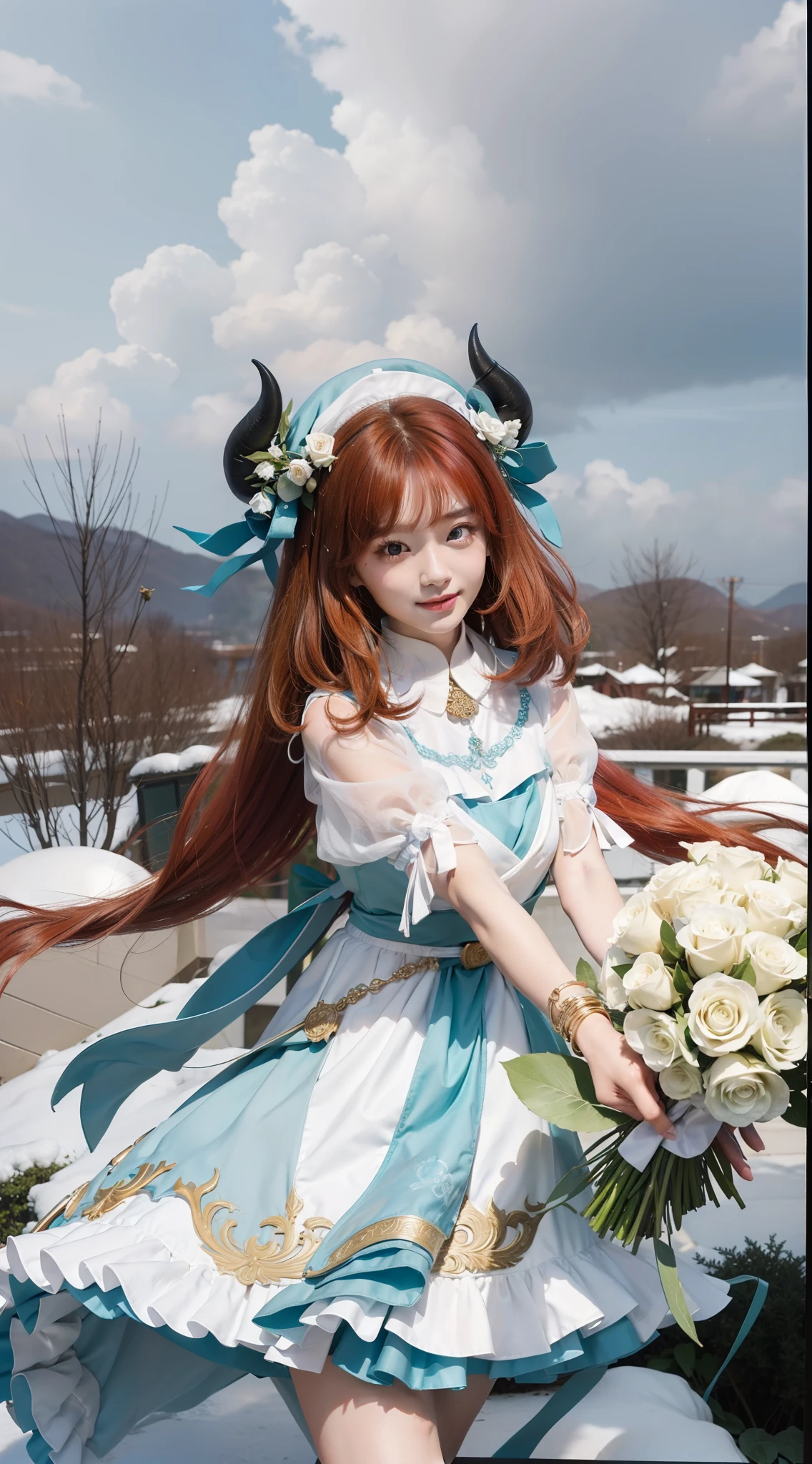 Best quality at best，超高分辨率，（真实感：1.4），（beuaty girl：1.4），Detailed facial details，Beautiful detailed eyes，light-red hair，Light green eyes，Slim，Black horns，Wearing a white and blue wedding dress，White maid hat，haunting smile，Behind it is a white rose，Very meticulous clothes，Young and cute Korean face，nilou（Genshin impact），plain face