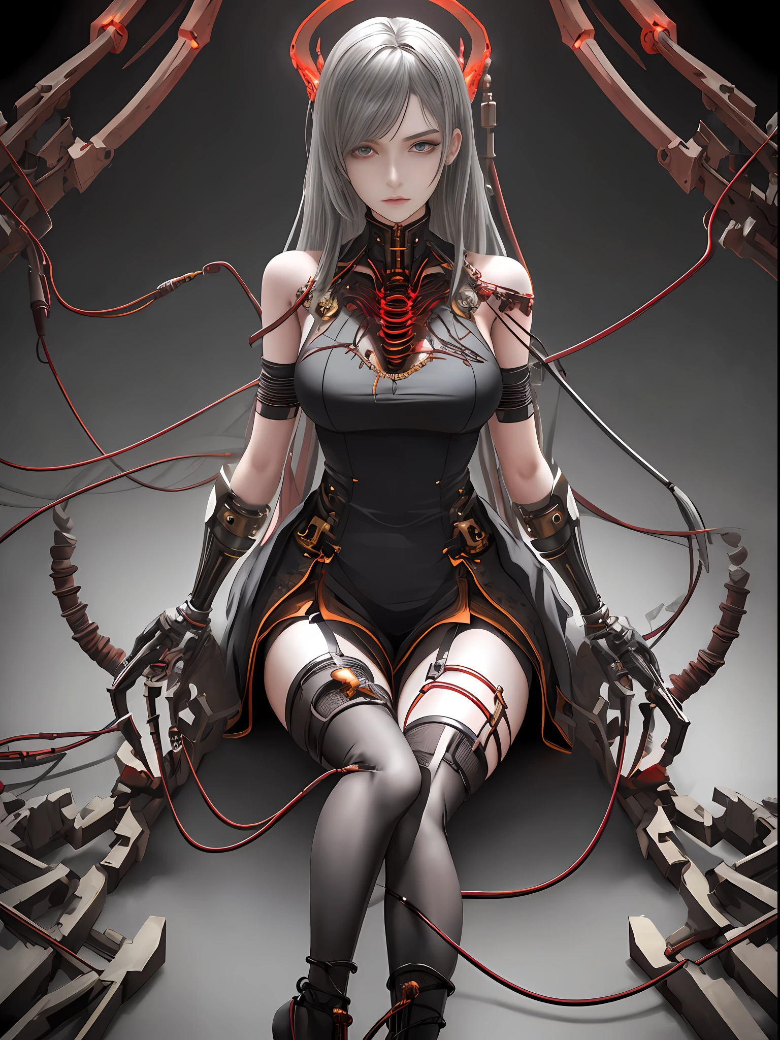 1 mechanical girl, ((super realistic details)), portrait, global illumination, shadows, octane rendering, 8k, super sharp, metallic, complex, ornamental detailed, cool colors, Egyptian details, highly complex details, realistic light, CGsociety trends, glowing eyes, facing camera, neon details, mechanical limbs, blood vessels attached to tubes, mechanical vertebrae attached to the back, mechanical cervical vertebrae attached to the neck, sitting, wires and cables attached to the head, (stockings heel), (red blood ), (black armor), (transparent bone)