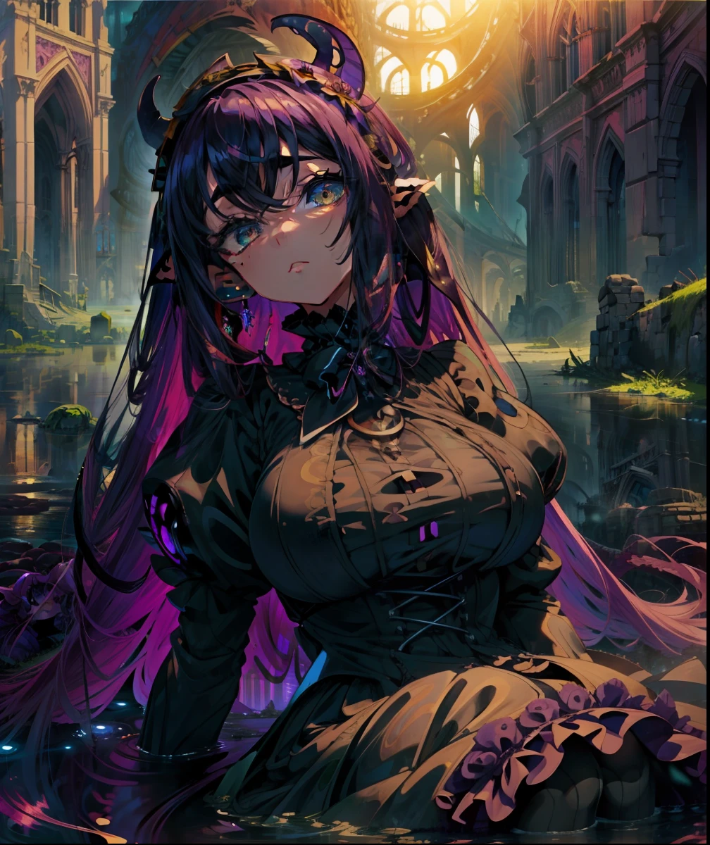 A giant beautiful girl. She wears a purple gothic lolita style dress. Medium bust. Childish atmosphere. Her eyes are round and big. Innocent expression. She leans out from the swamp. Countless tentacles. Ruins of a church.