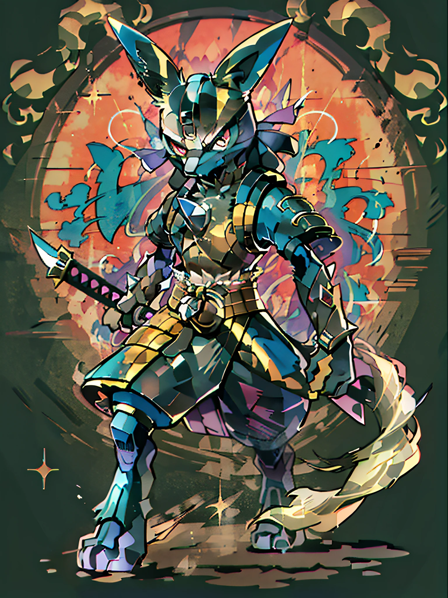 Neste design de camiseta impressionante, Lucario appears in a confident and serious pose, holding two Japanese swords in his skilled hands. Vestido com uma deslumbrante armadura dourada, He is the epitome of a formidable samurai warrior. The design has a circular shape that highlights the majesty of the Pokémon. Com sua postura imponente, Lucario radiates determination and courage. His focused eyes convey a remarkable intensity, evidencing your readiness to meet any challenge. A armadura dourada que ele veste reflete sua nobreza e habilidade em combate. Minute details of the armor are accurately displayed in the circular design, tornando-o uma verdadeira obra de arte. The black background highlights the central figure of Lucario and gives a touch of elegance and mystery to the ensemble. The enveloping darkness creates a dazzling contrast to the Pokémon's golden armor, further highlighting its grandeur. O design circular, in addition to enhancing the beauty of art, evokes a sense of continuity and unity, symbolizing the strength and balance that Lucario possesses on his journey as a samurai warrior. This illustration is perfect for printing a T-shirt, for it combines the grandeur of Lucario as a samurai warrior with the elegance and beauty of a circular design. It's an artistic depiction that celebrates the warrior spirit of the Pokémon., offering fans an immersive and striking visual experience.