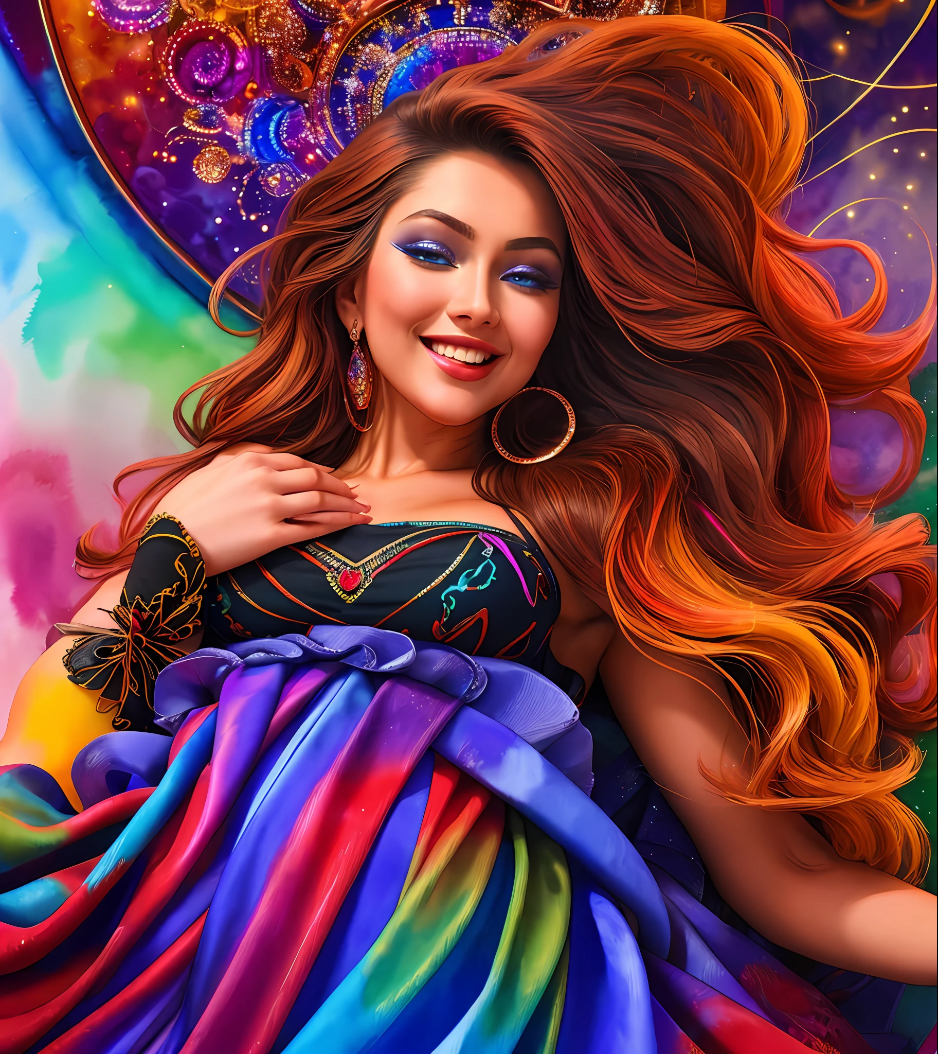 masterpiece,4K,best quality,absurdres, white background ,smiling,(masterpiece, top quality, best quality, official art, beautiful and aesthetic:1.2), extreme detailed, colorful, highest detailed, (watercolour painting:1.3), optical mixing, playful patterns, lively texture, rich colors, unique visual effect, (masterpiece, top quality, official art), (light painting), (long exposure:1.2), dynamic streaks, extreme detailed, black paintings, red and black, candid moments captured, slumped, draped, 
hc_gown, a woman wearing a chic blue dress decorated with shiny jewels, cowboy shot,