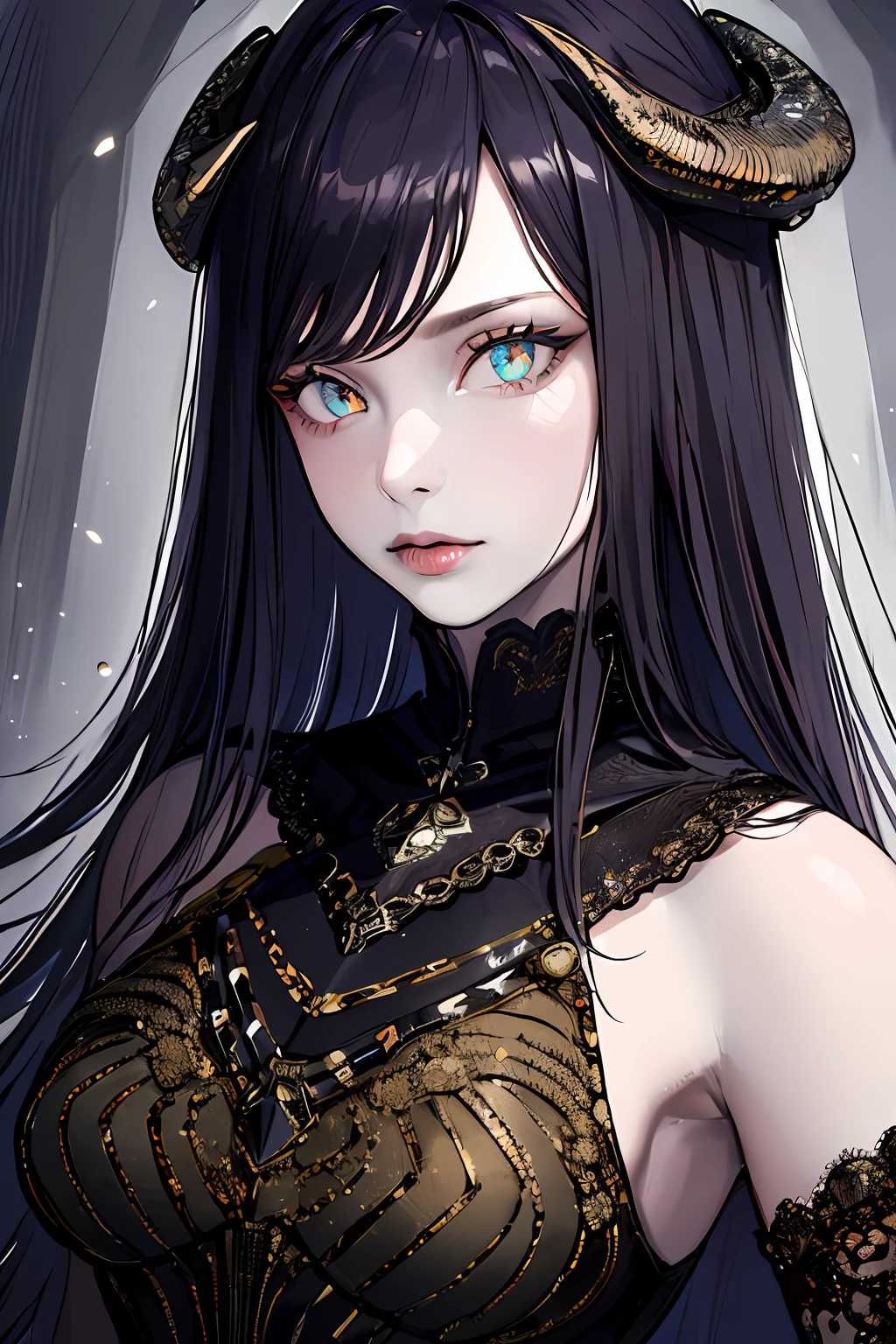 (masterpiece, top quality, best quality, official art, beautiful and aesthetic:1.2), cateyes,1girl, solo, (Stunning Eyes), armour, magic, light particles, upper body, extreme detailed, highest detailed, optical mixing, playful patterns, lively texture, unique visual effect, ((dark fantasy)), (darker colours:1.3), Ominous energy, eldritch Horror, ((Intricate Details)),
