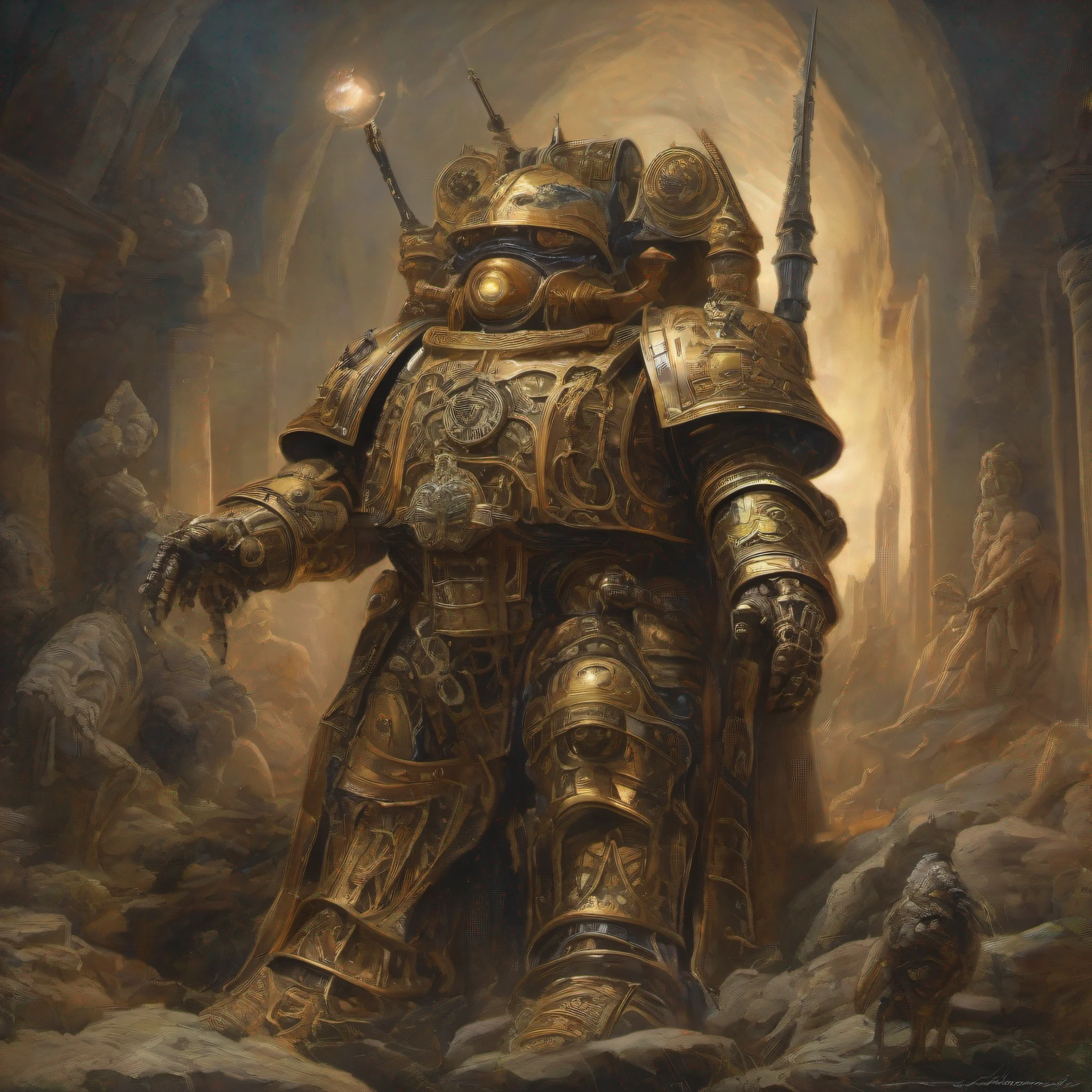 A painting of a man in armor standing in a cave - SeaArt AI