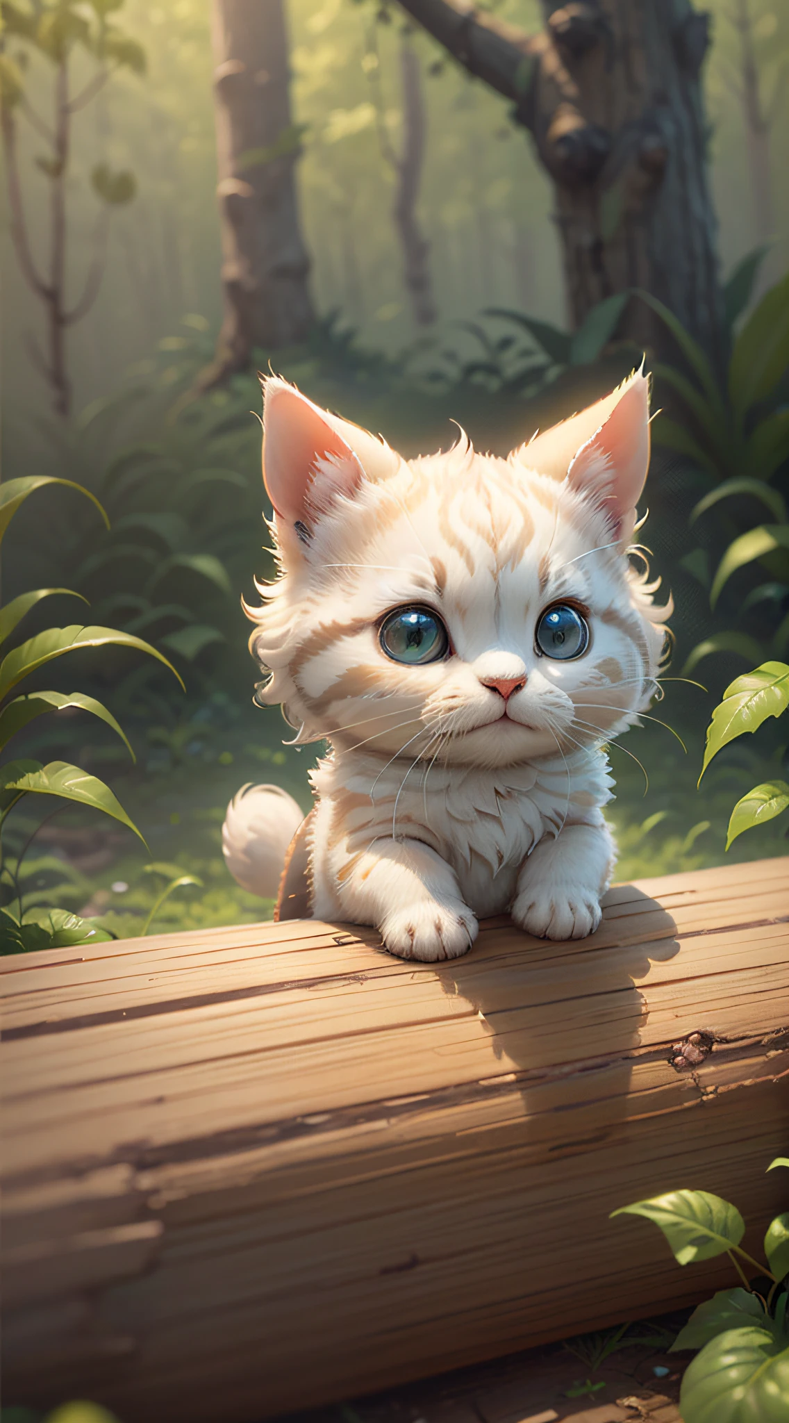 There is a little white cat sitting on a log with a camera, one eye to take pictures, cute digital art, cute digital painting, cute detailed digital art, cute 3 D rendering, cute cartoon characters, cute anthropomorphic rabbit, cute cartoon, cute detailed artwork, cute cute art, cute cute photos, cute animals, cute cute characters, cute creatures