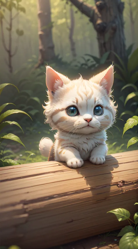 There is a little white cat sitting on a log with a camera, one eye to take pictures, cute digital art, cute digital painting, cute detailed digital art, cute 3 D rendering, cute cartoon characters, cute anthropomorphic rabbit, cute cartoon, cute detailed ...