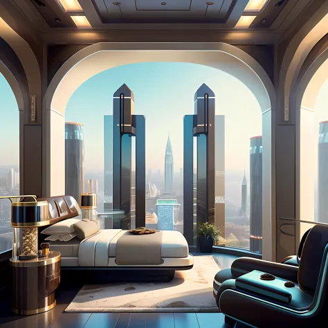 futuristic architectural digest photo of a (cozy upscale)++ (nutella chocolate chip milkshake deco oreo creme futurism)+ bedroom