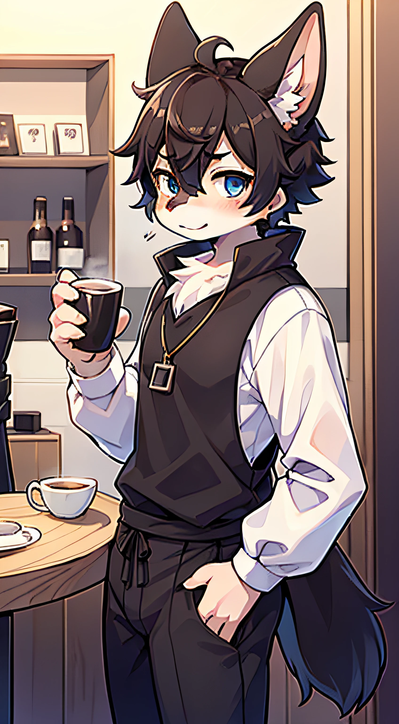 Hioshiru, Zorro, Femboy, ojos azul cielo, pelaje multicolor, pelaje blanco, dark brown fur, pelaje negro, con ropa de invierno, pareja, Serving coffee in a coffee shop